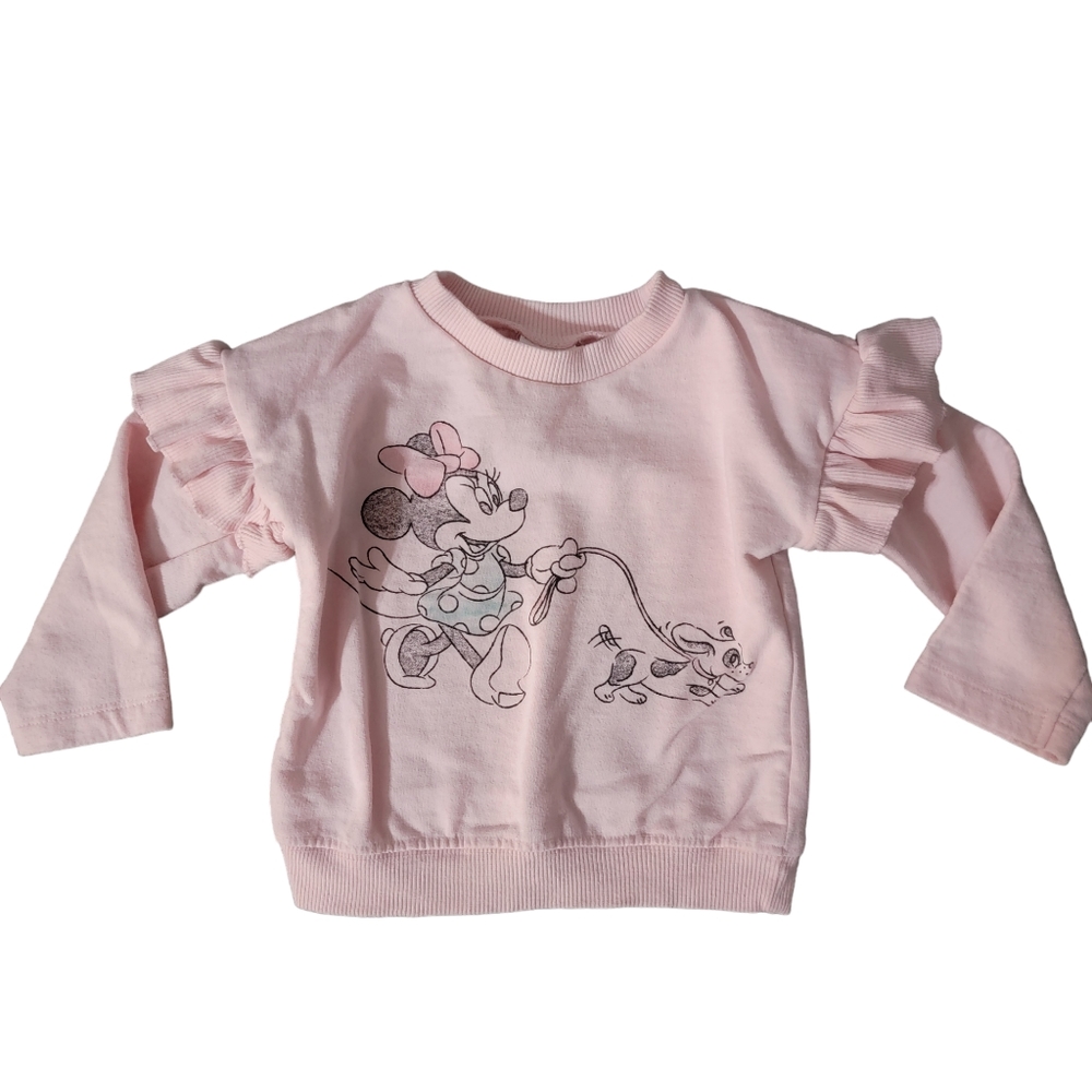 Disney Baby Pink Minnie Mouse walking a dog Sweatshirt Crewneck sz 12 mo ruffle